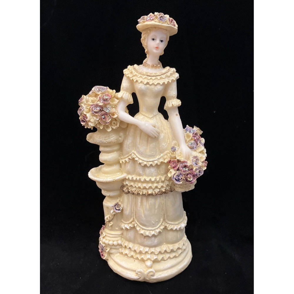 Vintage Victorian Woman w/ Basket of Shimmery Flowers Colonial Lady Figurine